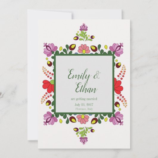 Invitation Personalized Folk Floral Wedding & Back Design (Devant)