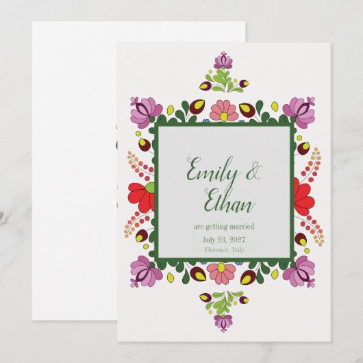 Invitation Personalized Folk Floral Wedding & Back Design (Devant / Derrière)