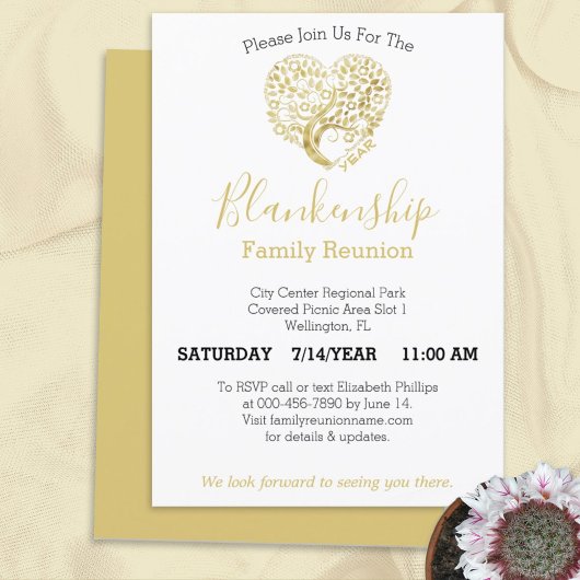 Invitation Personalized Gold Heart Tree Family Reunion White