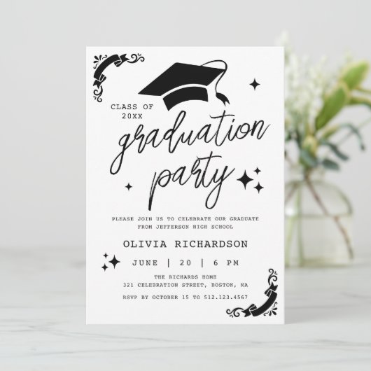 Invitation Personalized Graduation Elegant Script Stars & Cap (Debout devant)