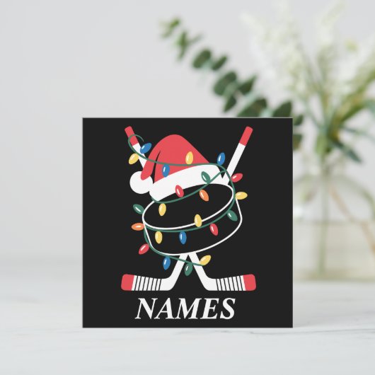 Invitation Personalized Name Christmas Hockey Xmas Santa Hat (Debout devant)