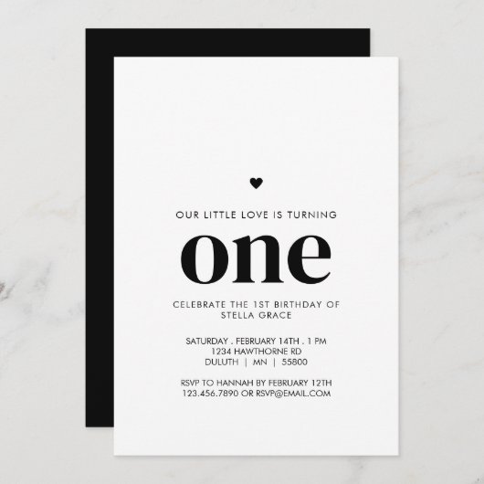 Invitation Personalized One Heart First Birthday (Devant / Derrière)