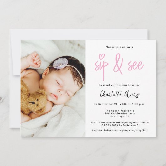 Invitation Personalized Photo Sip and See Baby Girl Shower (Devant)