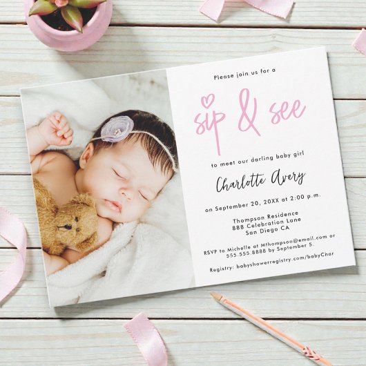 Invitation Personalized Photo Sip and See Baby Girl Shower