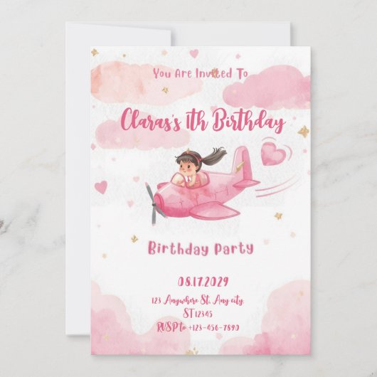 Invitation Personalized Pink Airplane Girl Birthday Invitatio (Devant)