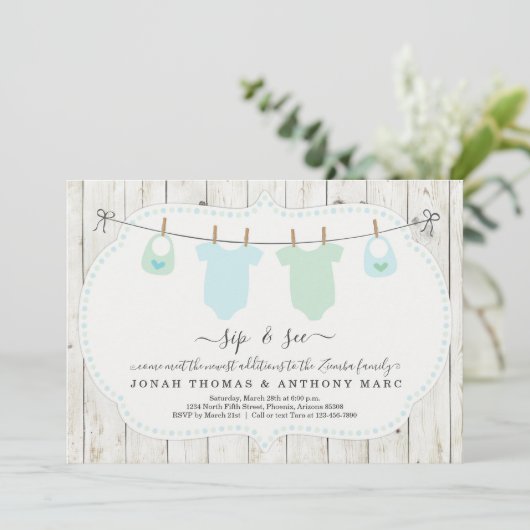 Invitation Personalized Twin Boys Sip and See Invite (Debout devant)