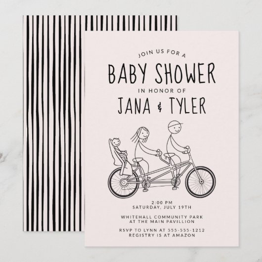 Invitation Personnages bâtons sur un tandem avec siège bébé (Devant / Derrière)
