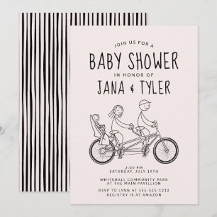 Invitation Personnages bâtons sur vélo tandem avec siège bébé