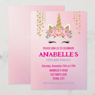 Invitation personnalisable de licorne magique d'an