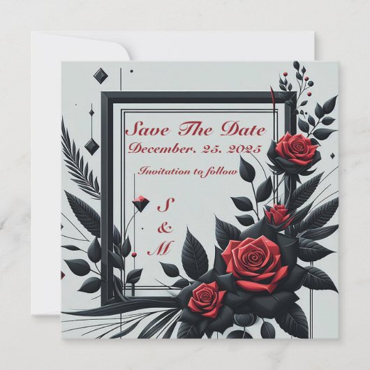 Invitation Personnalisable Noir & Rouge Fleur 3D (Devant)