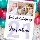 Invitation Personnalisé 21e anniversaire Purple Script Photo<br><div class="desc">Mettez un sourire sur un visage avec cette coutume 21ème anniversaire script moderne photo collage Invitation. Vous pouvez ajouter de jolies photos d'enfance ou tout ce que vous voulez. - Cliquez simplement pour personnaliser ce design 🔥 Mes promesses - Ce design est unique et conçu avec vous en tête 🙏...</div>