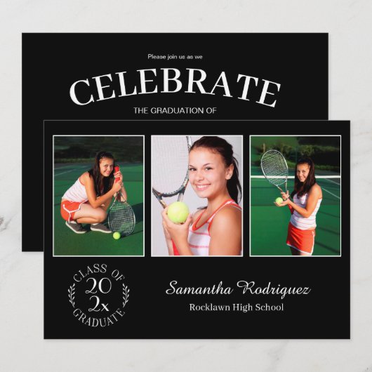 Invitation Personnalisé 3 Photo Chic Emblem Black Graduation  (Devant / Derrière)