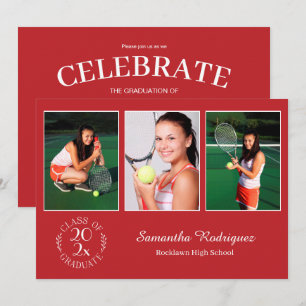 Invitation Personnalisé 3 Photo Chic Emblem Red Graduation Pa