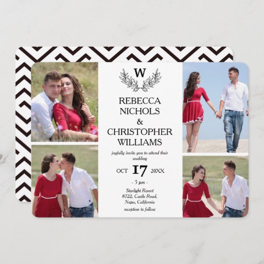 Invitation Personnalisé 4 Photo Laurel Mariage Monogrammé (Devant / Derrière)