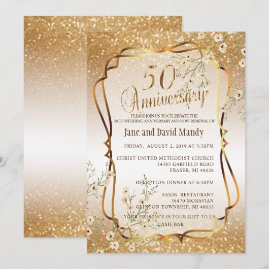 Invitation Personnalisé - 50ème Anniversaire de Mariage Glitt (Devant / Derrière)