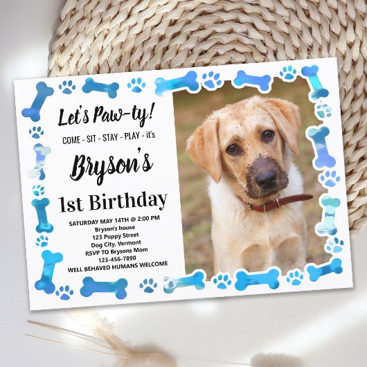 Invitation Personnalisé Chien Anniversaire Bleu Empreinte de 