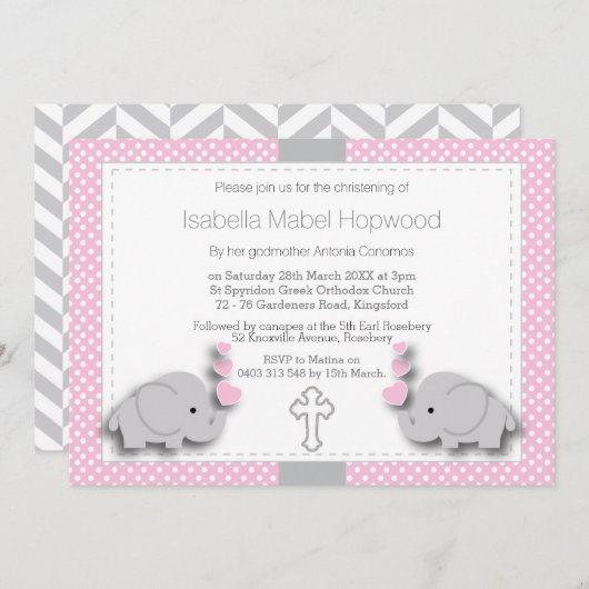 Invitation Personnalisé - Eléphant rose et gris 🐘 bébé - Chr (Devant / Derrière)