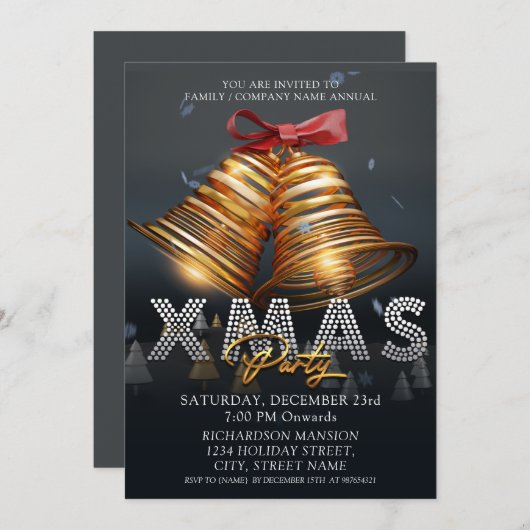 Invitation Personnalisé Moderne Joyeux Noël cloches Black Gol (Devant / Derrière)