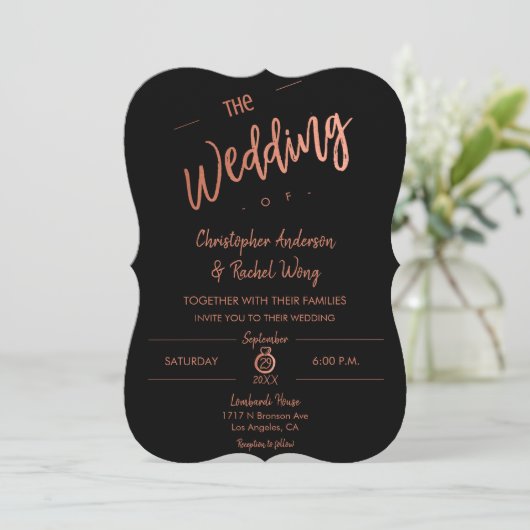 Invitation Personnalisé Noir Simple Script Rose Or Le Mariage (Debout devant)