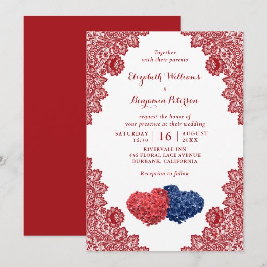 Invitation Personnalisé Rustic Navy Bleu Rouge Floral Mariage (Devant / Derrière)