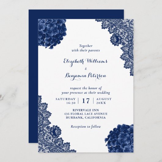 Invitation Personnalisé Rustic Navy Blue Hydrangea Floral Mar (Devant / Derrière)