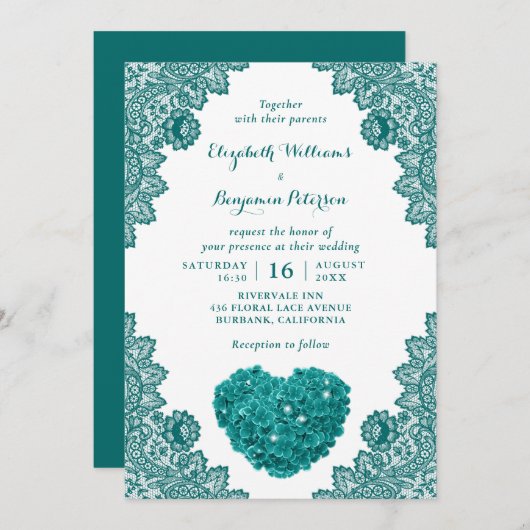 Invitation Personnalisé Rustic Turquoise dentelle Hydrangea M (Devant / Derrière)