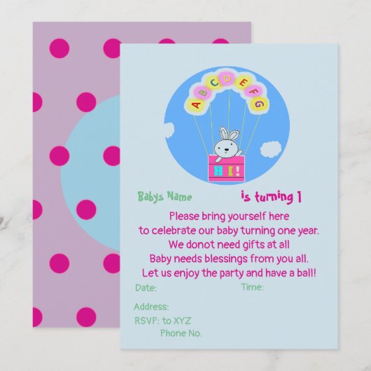 Invitation personnalisée Baby 1er anniversaire (Devant / Derrière)
