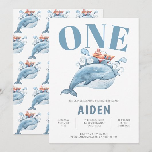 Invitation Personnalisée Première fête d'anniversaire Baleine (Devant / Derrière)