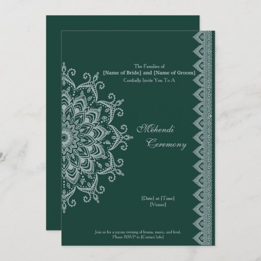 Invitation Personnaliser Argent Métallisé Émeraude Mehendi In (Devant / Derrière)
