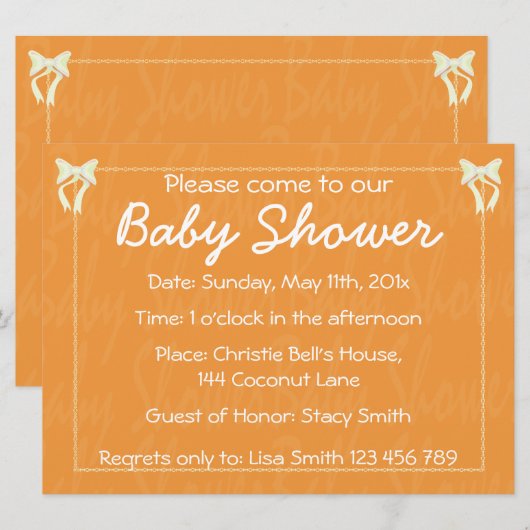 Invitation Personnaliser Baby shower orange (Devant / Derrière)