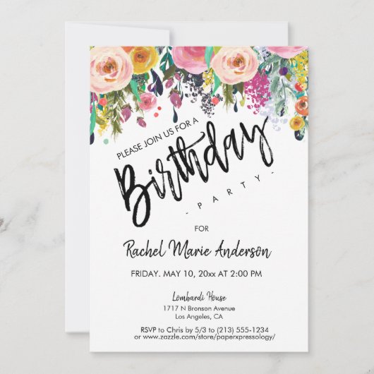Invitation Personnaliser Floral Blooms Script Anniversaire (Devant)