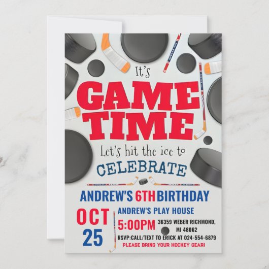 Invitation Personnaliser la fête d'anniversaire de hockey num (Devant)