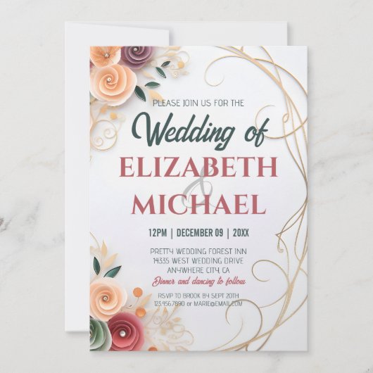 Invitation Personnaliser Mariage Floral Rose Papier Quilling  (Devant)
