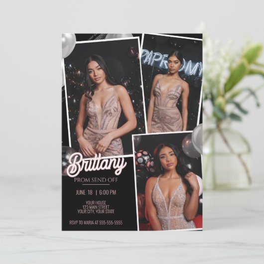 Invitation Personnaliser Pink Black Prom Envoyer Trois Photos (Debout devant)