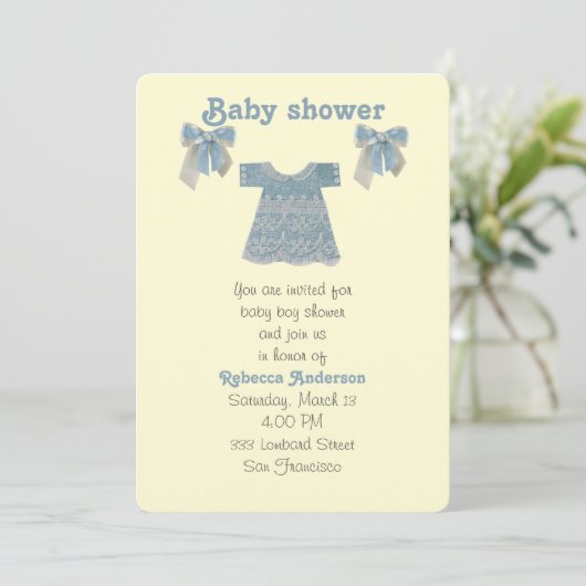 Invitation Personnaliser, robe de bébé bleu (Debout devant)
