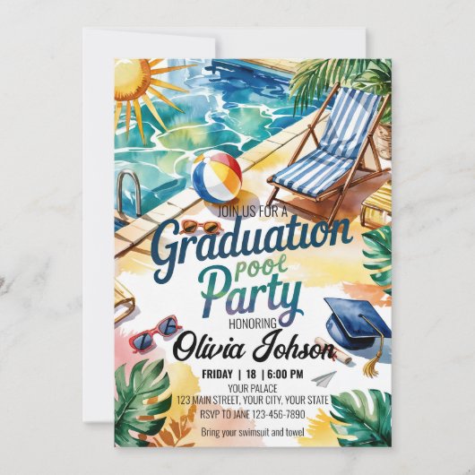 Invitation Personnaliser Sun Lounge Chaise Graduation Pool Pa (Devant)