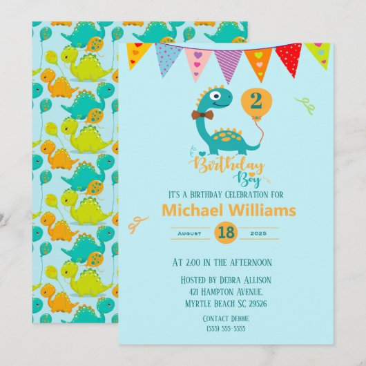 Invitation Personnaliser Votre Âge Dino Anniversaire Garçon (Devant / Derrière)