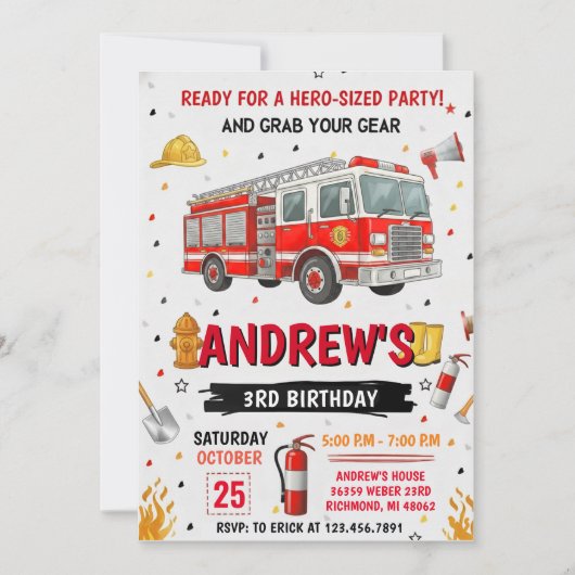 Invitation Pesonal FireFigher truck Birthday Party  (Devant)