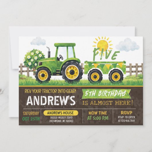 Invitation Pesonal Green Tractor Birthday (Devant)