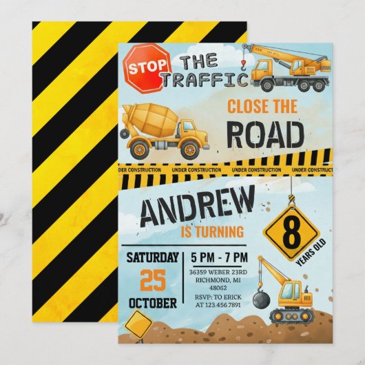 Invitation Pesonal Modern Construction Birthday Extravaganza (Devant / Derrière)