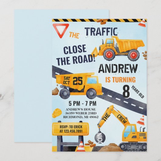 Invitation Pesonal Modern Construction Birthday With Photo (Devant / Derrière)