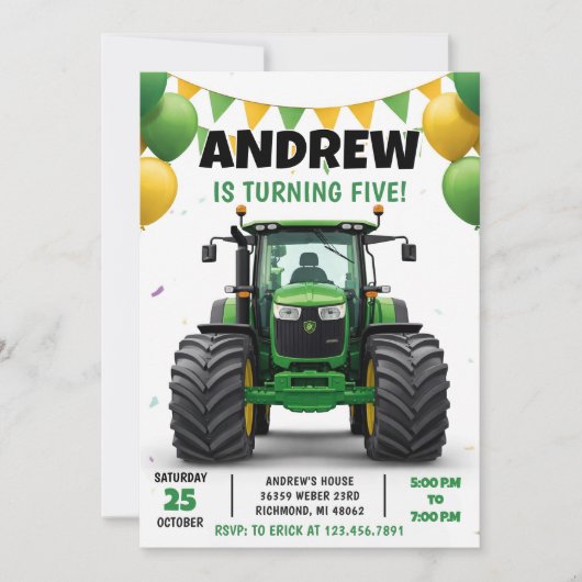 Invitation Pesonal Modern Tractor Birthday (Devant)