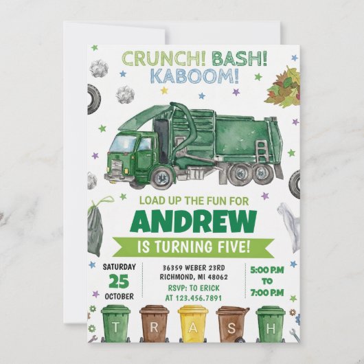 Invitation Pesonal Modern Trash Bash Boys Birthday party (Devant)