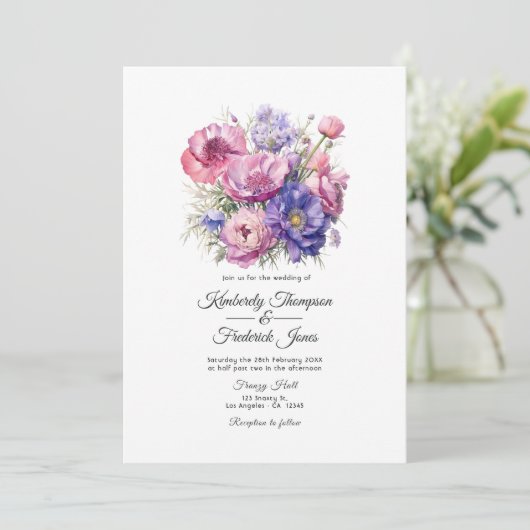 Invitation Pétal rose, Cornflower bleu et mauve violet Mariag (Debout devant)