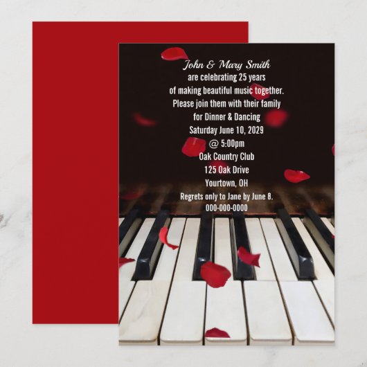 Invitation Pétales de roses rouges sur piano 25e anniversaire (Devant / Derrière)