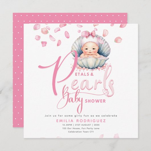 Invitation Pétales et perles Pink Baby Girl Douche (Devant / Derrière)