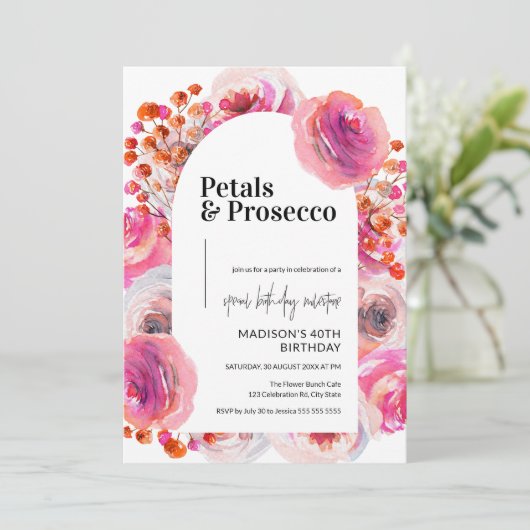 Invitation Pétales et Prosecco | 40e anniversaire élégant (Debout devant)