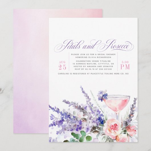 Invitation Pétales et Prosecco Fête des mariées florale pourp (Devant / Derrière)
