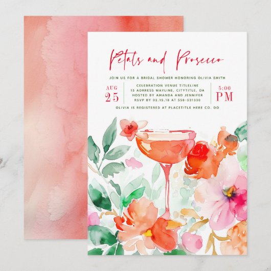 Invitation Pétales et Prosecco Fête des mariées florale rose (Devant / Derrière)
