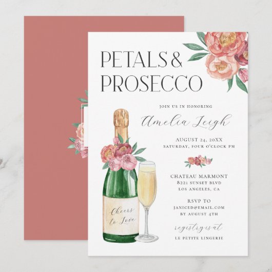 Invitation Pétales et prosecco rose floral (Devant / Derrière)